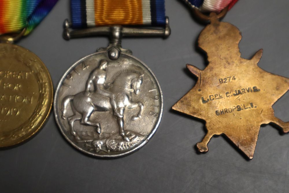 A group of three WWI medals to 9274 L.Cpl.C.Jarvis, Shrops Light Infantry and three other medals